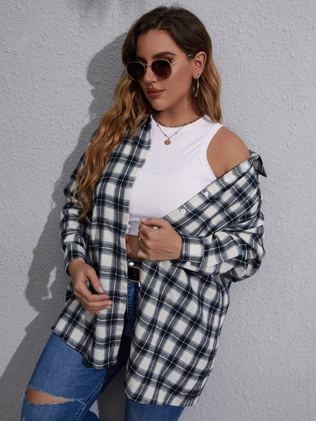 

plus plaid drop shoulder blouse z2jd#, Black