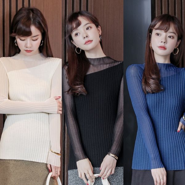

t-shirt women's slim fitting long sleeve half high neck stitching mesh bottom shirt lace cut out thin lace sweater style sweater ykw, White;black