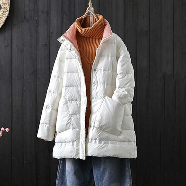 

women oversize ultar light jacket winter stand collar white duck down coat single breasted warm parkas pocket outwear 2020, Black