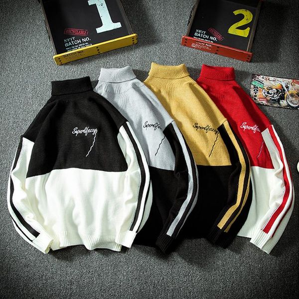 

men knitted pullover jumper sweaters 2021 fashion contrast color mens hip hop streetwear pullovers male knitwear sweater, White;black