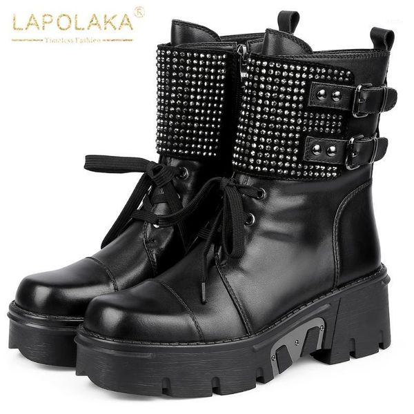 

boots lapolaka 2021 cow leather belt buckle comfy skidproof waterproof rivet ins punk style motorcycle booties1, Black
