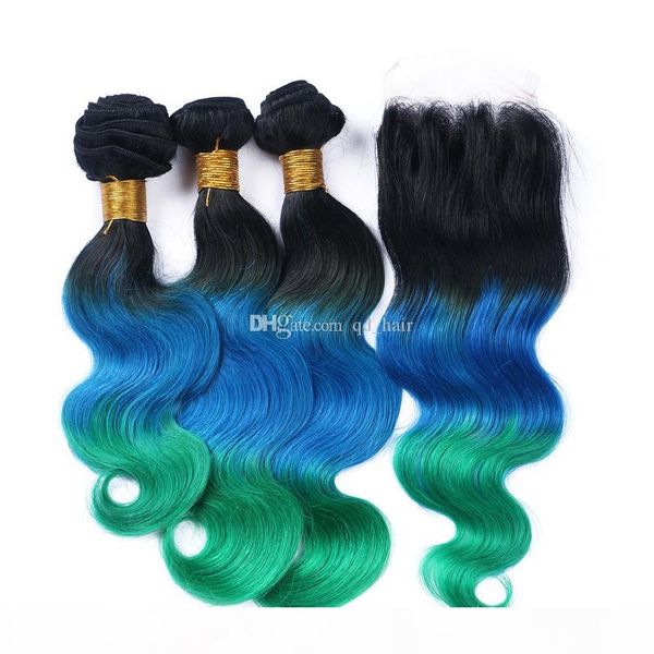 

honey blonde dark roots body wave hair bundles with closure blonde 1b blue green hair weaves with 4x4 lace closure, Black