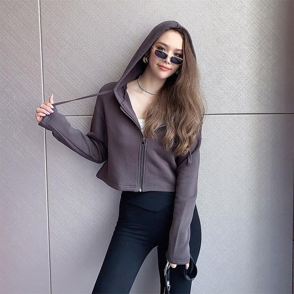 

women's hoodies & sweatshirts europe waist-tight short hoodie zipper sweatshirt loose casual navel-exposed high waist for women 9z6, Black