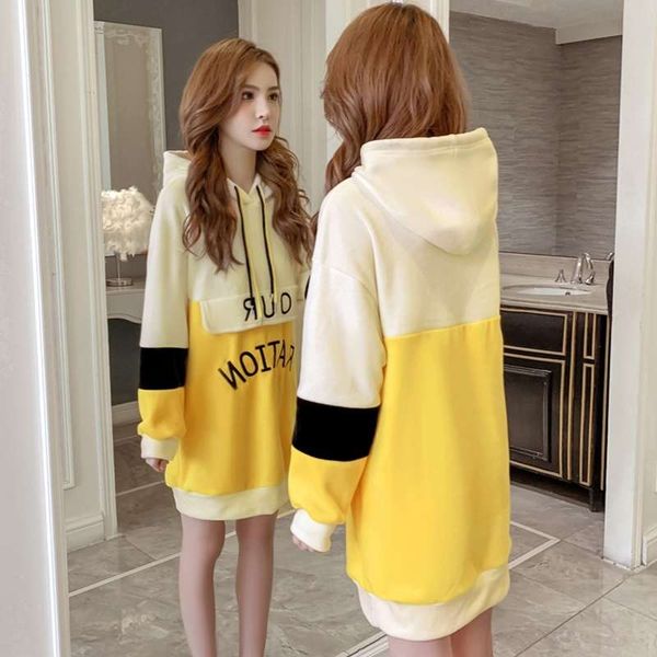 

women's fashion with hooded dress in 2020 mid long new autumn and winter loose korean plush thickened foreign style, Black
