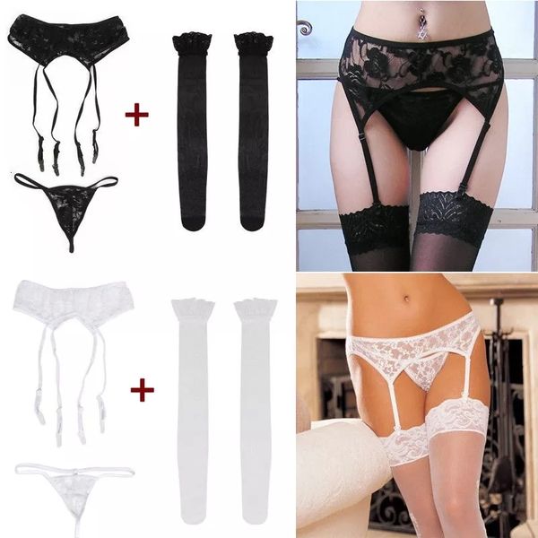

2021 new women lace intimates lady girls underwear g-string+garters+stockings 3pcs female fashion exotic sets, Black;white