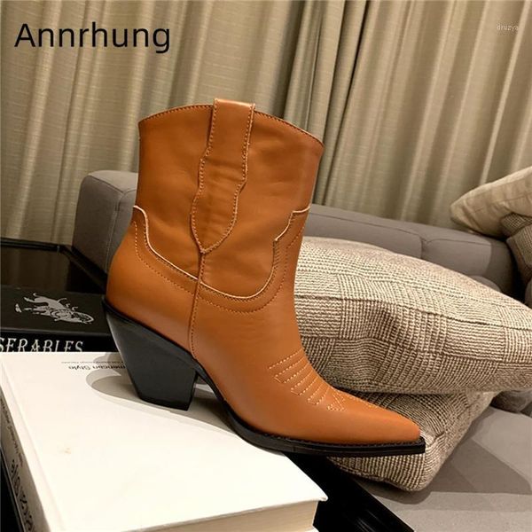 

sewing genuine leather ankle boots women point toe square heel slip-on runway botas mujer autumn winter boots woman1, Black