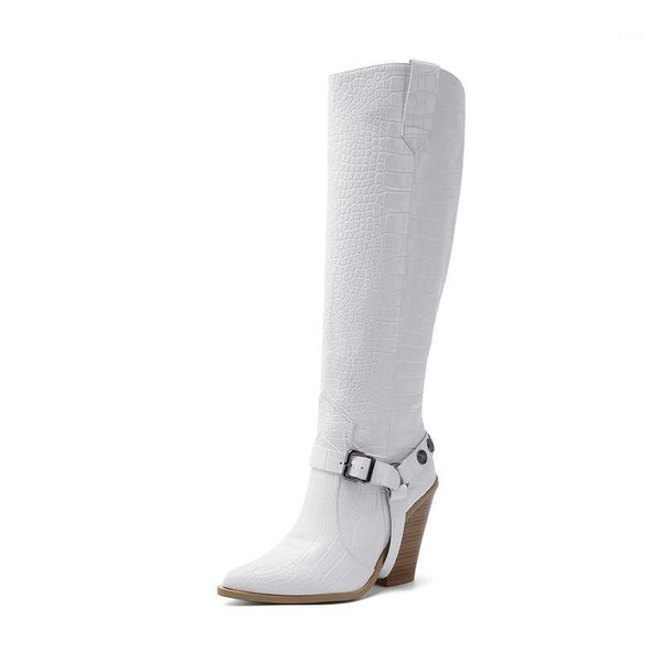 

fanyuan boots fashion western ladies knee high boots thick high heels pointed toe buckle women winter size 34-461, Black