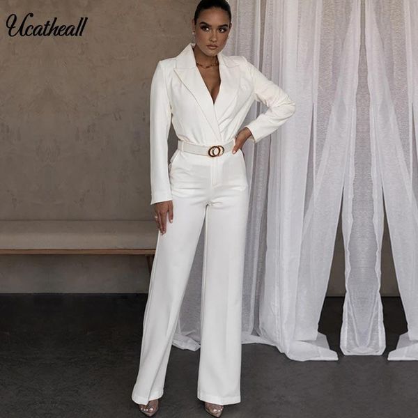 

autumn fashion open blazer and wide leg trousers set womens lapel coat casual high waist straight suit female for office ladies, White
