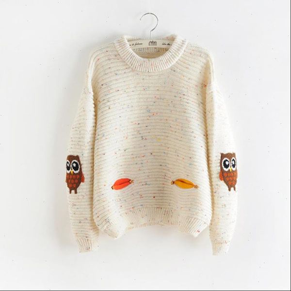 

autumn winter new womens harajuku cartoon owl crochet lips pockets sweaters women knitted pullovers sweater tricot pull femme, White;black