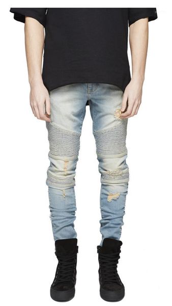 

2019 men stylish ripped biker jeans skinny slim straight frayed three-dimensional cut folds denim pants fashion skinny jeans1, Blue