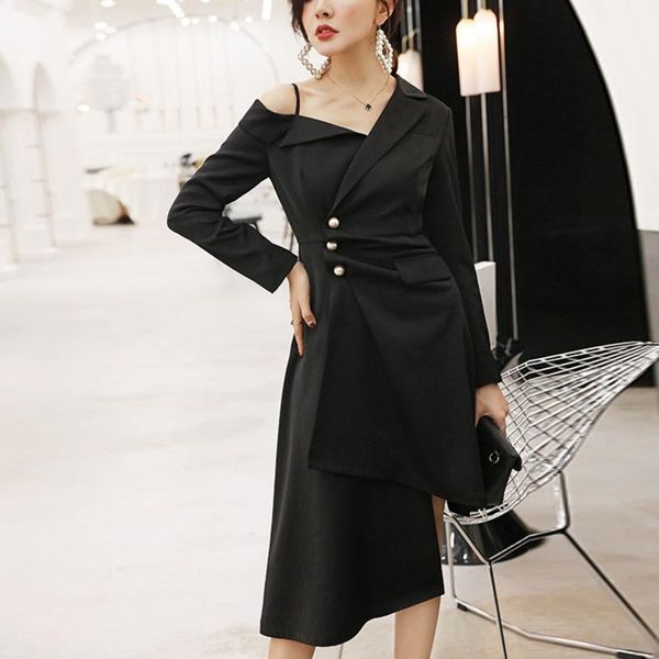 

ewq] woman dresses asymmetry v-neck vintage dress long irregular solid color black party dresses woman 2020 autumn1, Black;gray