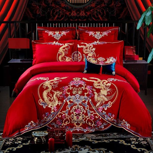 

bedding sets 4/7pcs luxury red wedding 100% cotton set golden phoenix dragon embroidery duvet cover bed sheet linen pillowcases