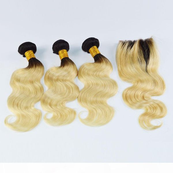 

ombre blonde brazilian virgin human hair weaves 1b 613 with closure 4pc hair weft+1pc lace closure with bundles body wave, Black
