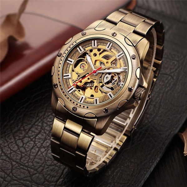 

band full steel automatic watch mechanical high grade style men's fashion leisure bronze carving, Slivery;brown