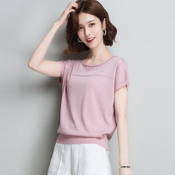 

блестящая трикотажная футболка с коротким рукавом женщины летние свободные o шеи футболка цвета базовая футболка batwing рукава tee женская, White;black