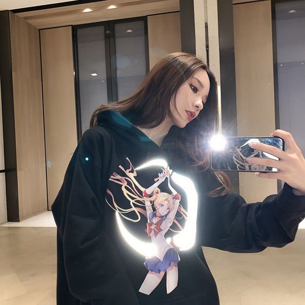 

2021 new sailor moon print hoodie female reflexive loosed animated manga long sweater streetwear nightgown oversize dmhv, Black