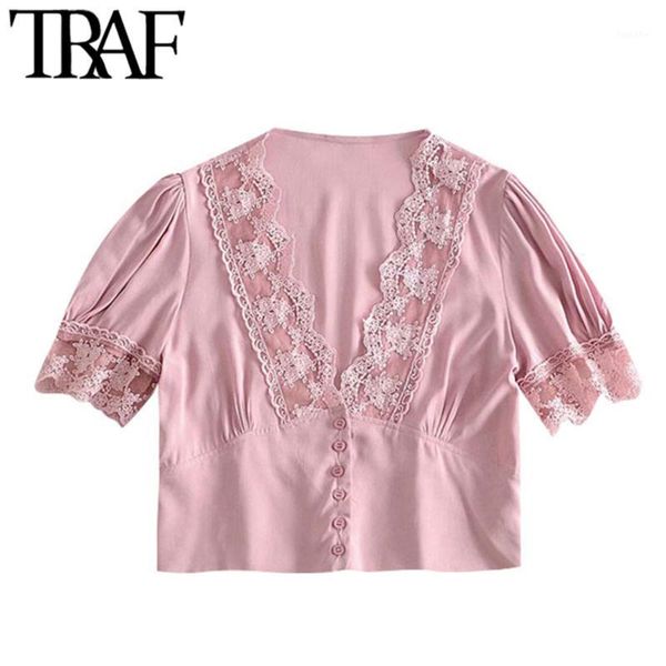 

traf women fashion with lace trim cropped blouses vintage v neck short sleeve female shirts blusas chic 1, White