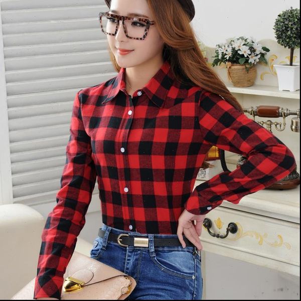 

2020 spring new fashion casual lapel plus size blouses women plaid shirt checks flannel shirts female long sleeve blouse, White