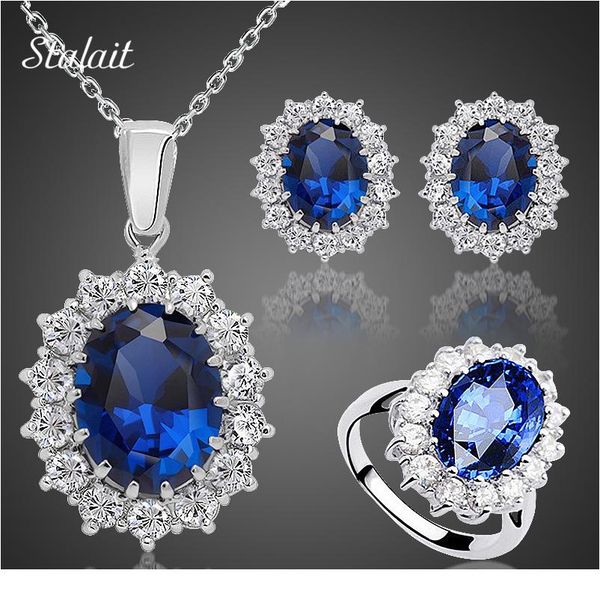

мода синий кристалл камень свадебные наборы ювелирных изделий для неведов серебряное цвет ожерелье для женщин африканские украшения набор jl