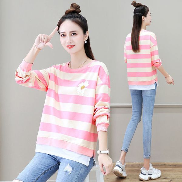 

cotton fake two piece striped sweater pure women's spring autumn new korean round neck bottoming shirt loose and thin top, Black