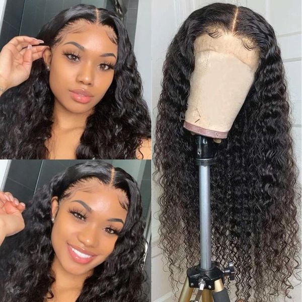 

lace wigs deep wave curly front human hair 180 density fornt wig remy brazilian hd transparent frontal, Black;brown