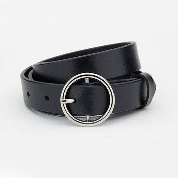 

missky women waist belt simple pu leather circle pendant pin buckle waistband lady cummer band, Black;brown