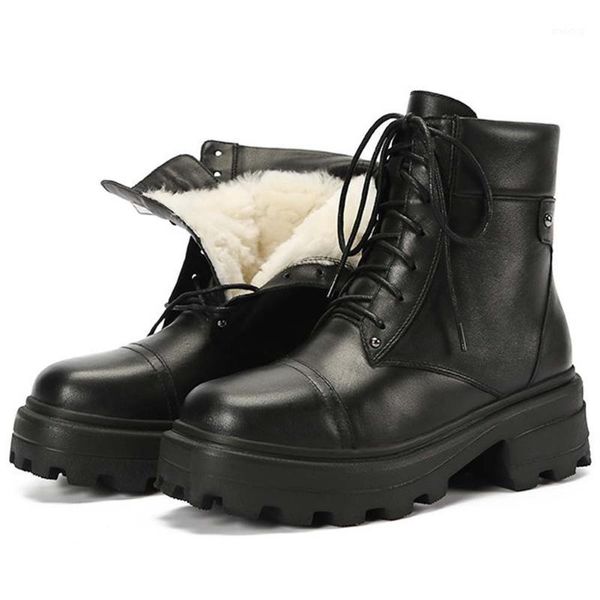 

boots sarairis large size 43 genuine leather chunky heels platform keep warm plush wool snow booties chic winter shoes women1, Black