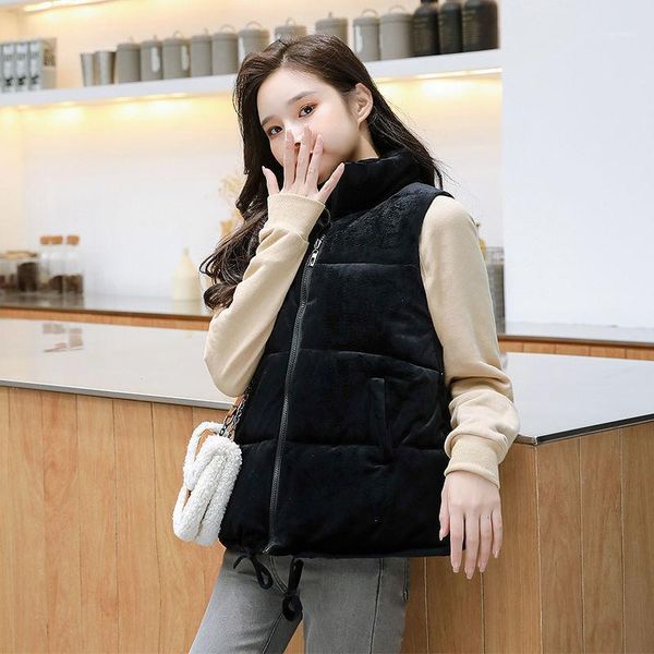 

velour waistcoat wadded vest women solid pink zipper pockets warm outerwear spring fall stand collar thick black clothing1, Black;white