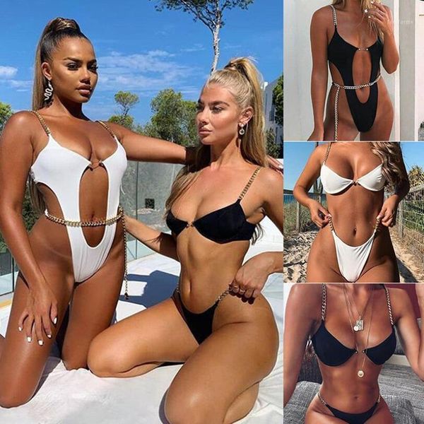 

ladies summer bikini fashion beach casual swimsuit chain metal buckle bikini white one-piece swimsuit1, White;black