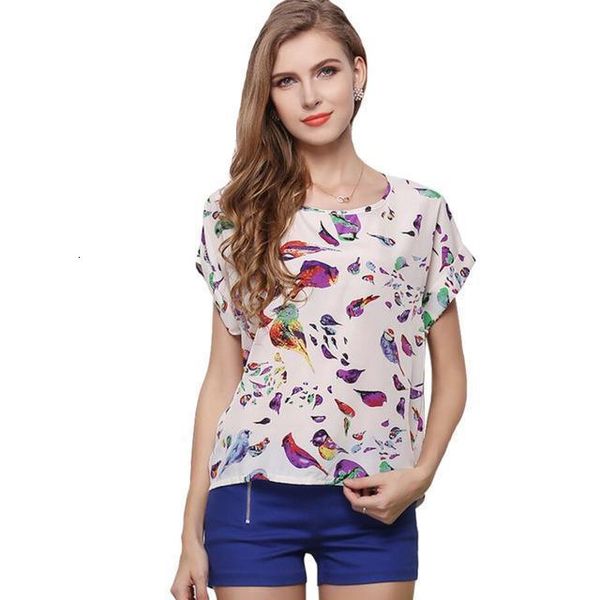 

summer women sunflower bird chiffon feather print blouse stripe plaid shirt cross love blouse short sleeves v neck blue lipstick shirts, White