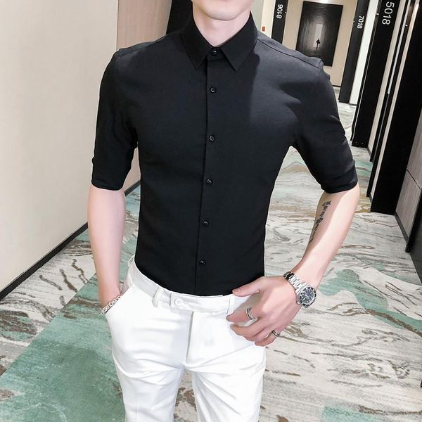 

men's casual shirts 2021 summer embroidery shirt men simple solid half sleeve mens dress slim fit night club prom tuxedo high quality, White;black