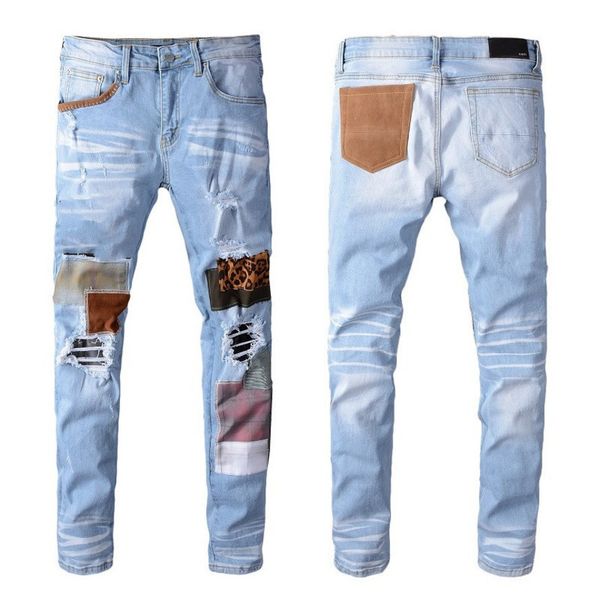 

mens digner jeans straight slim fit biker luxury ripped dtroyed denim cloth 2021 zipper casual hip hop male clothing, Blue