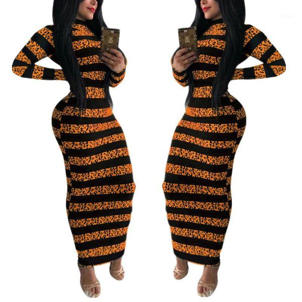 

women's bodycon dress, long sleeve mock neck leopard stripes print maxi dress1, Black;gray