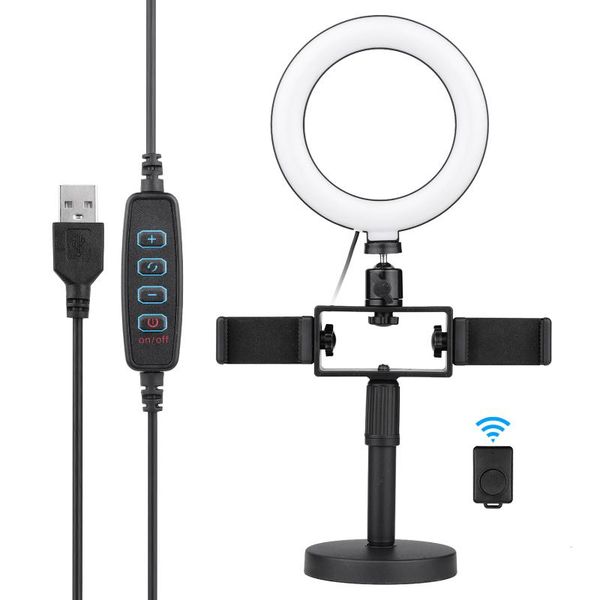 

flash heads 6.5inch/16cm video led ring light lamp 3200-5600k color 10-level dimmable with table stand ball head dual phone holders