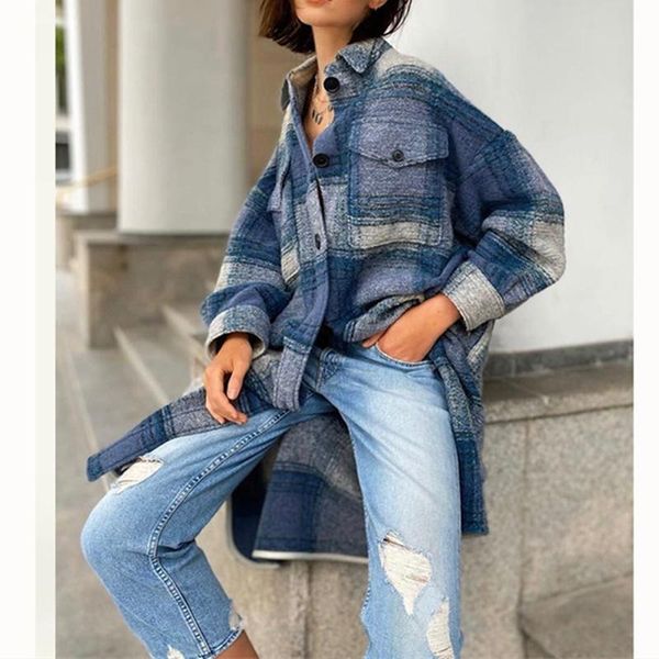 

plaid long shirt coat women woolen mid-length single-breasted 2021 autumn winter jacket female warm outwear with pocket, Black