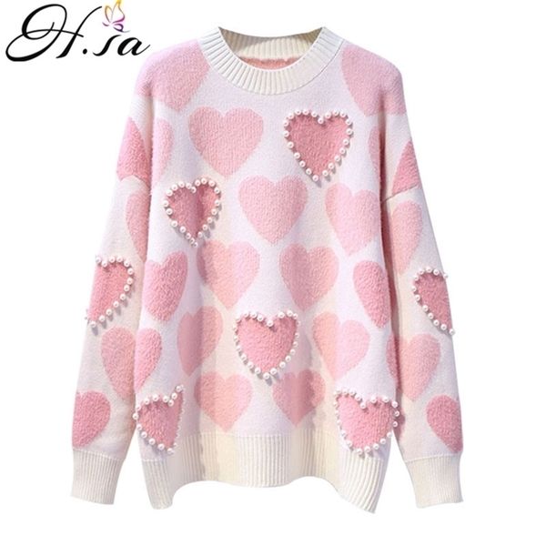 

h.sa women knitted sweater and pullovers oneck pearls beading sweaters sweet heart pull jumpers long sleeve kawaii pull femme 201109, White;black