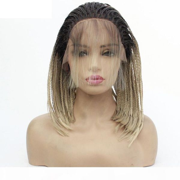

ombre braided hair bob lace frontal wigs with baby hair synthetic wigs for women full hand made braiding style, Black