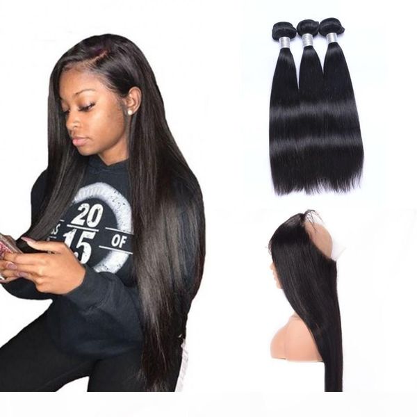 

360 frontal with bundles straight 100% peruvian human hair weft weave pre plucked 360 lace frontal with bundle, Black;brown