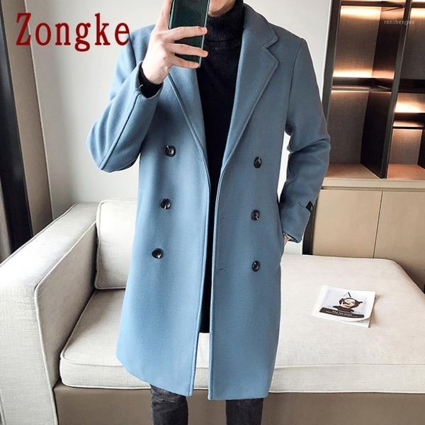 

zongke men double breasted solid coats winter long coat men jacket 2020 overcoat trench m-3xl1, Black