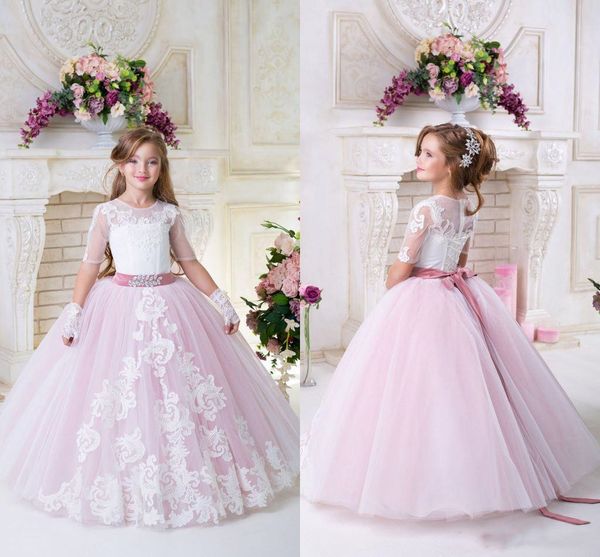 2019 Blush rosa curto Sleevss Flower Girl Dresses Cheap Lace Appliqued Baile menina casamento formal Vestido bonito da princesa festa