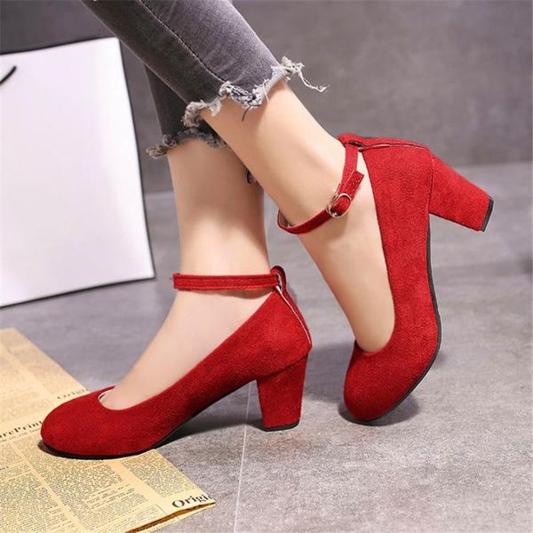 

dress shoes 2021 korean flock shallow women pumps round toe 5cm square high heels comfortable work casual buckle woman, Black
