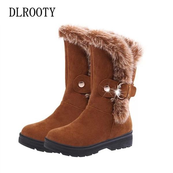 

boots women snow 2021 winter warm plush female casual shoes woman mid-calf flat fashion platform round toe buckle strap, Black