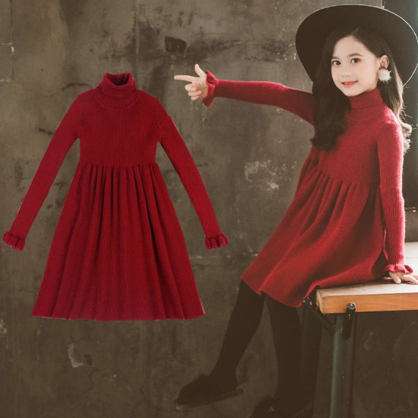 

sweater drs girls' 2019 new super foreign children's knitting with high collar princs autumn and winter skirt, Red;yellow