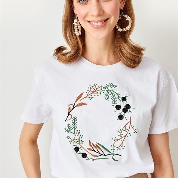 

trendyol womens summer cotton t-shirt white embroidered knitted streetwear women basic casual tshirt twoss19pb0018 y200412