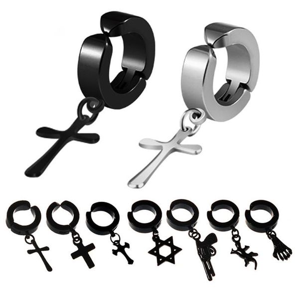 

1pcs fashion hip hop rock punk stainless steel cross pentagram earrings for men wome ear clip titanium steel stud earrings, Golden;silver