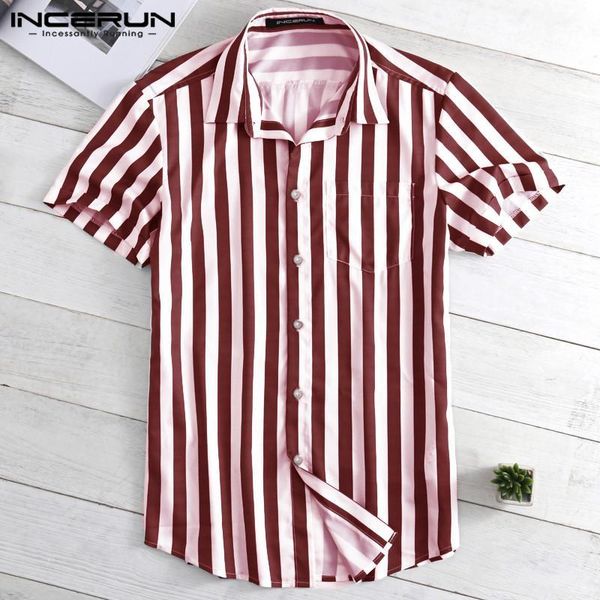 

incerun 2019 fashion brand shirt men striped streetwear lapel neck button short sleeve blouse men casual shirt camisa s-5xl1, White;black