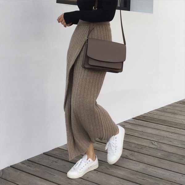 

new winter autumn knitting skirt high waist ol long pencil skirt women open slit warm thicken knitted casual vintage maxi, Black