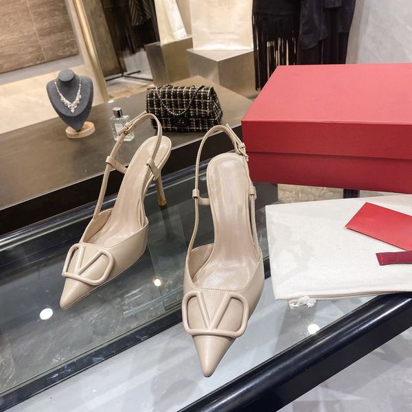 

metal rockstud back empty sandals spring and summer pointed high heels women's shoes leather shallow mouth single shoes, Black