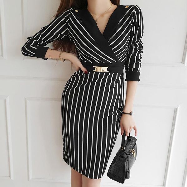 

autumn winter office striped dress with belt causal office lady bodycon suit dress spring work, Black;gray