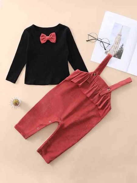 

baby bow front tee & ruffle trim overall jumpsuit she, White
